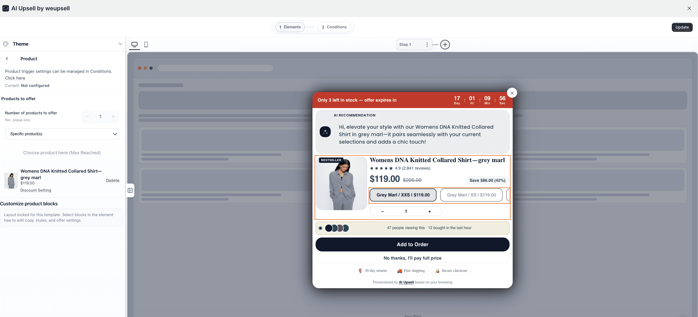 AI-powered Shopify popup showing a personalized product recommendation with urgency timer and social proof