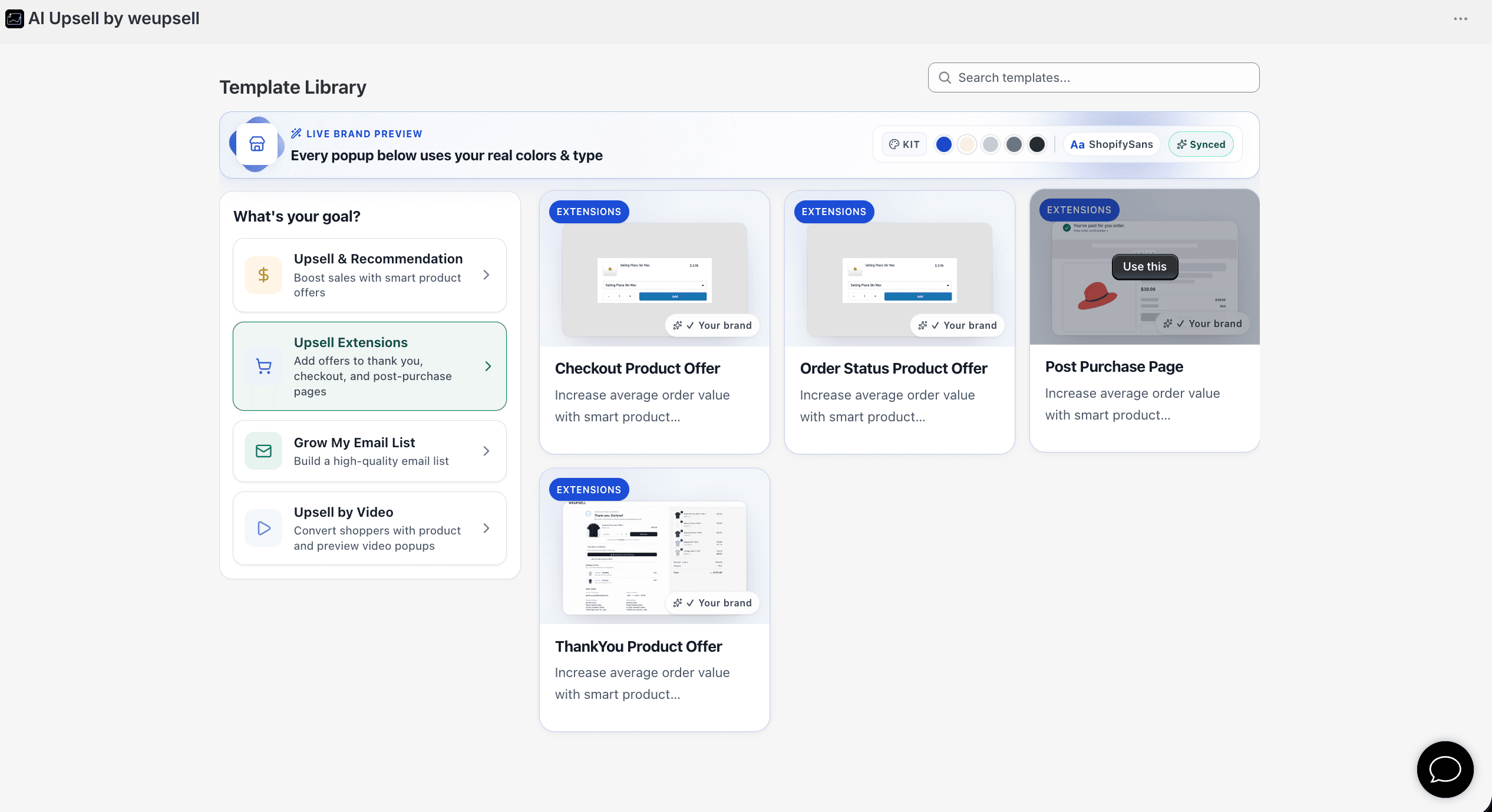 WeUpsell template library showing Post Purchase Page template under Upsell Extensions
