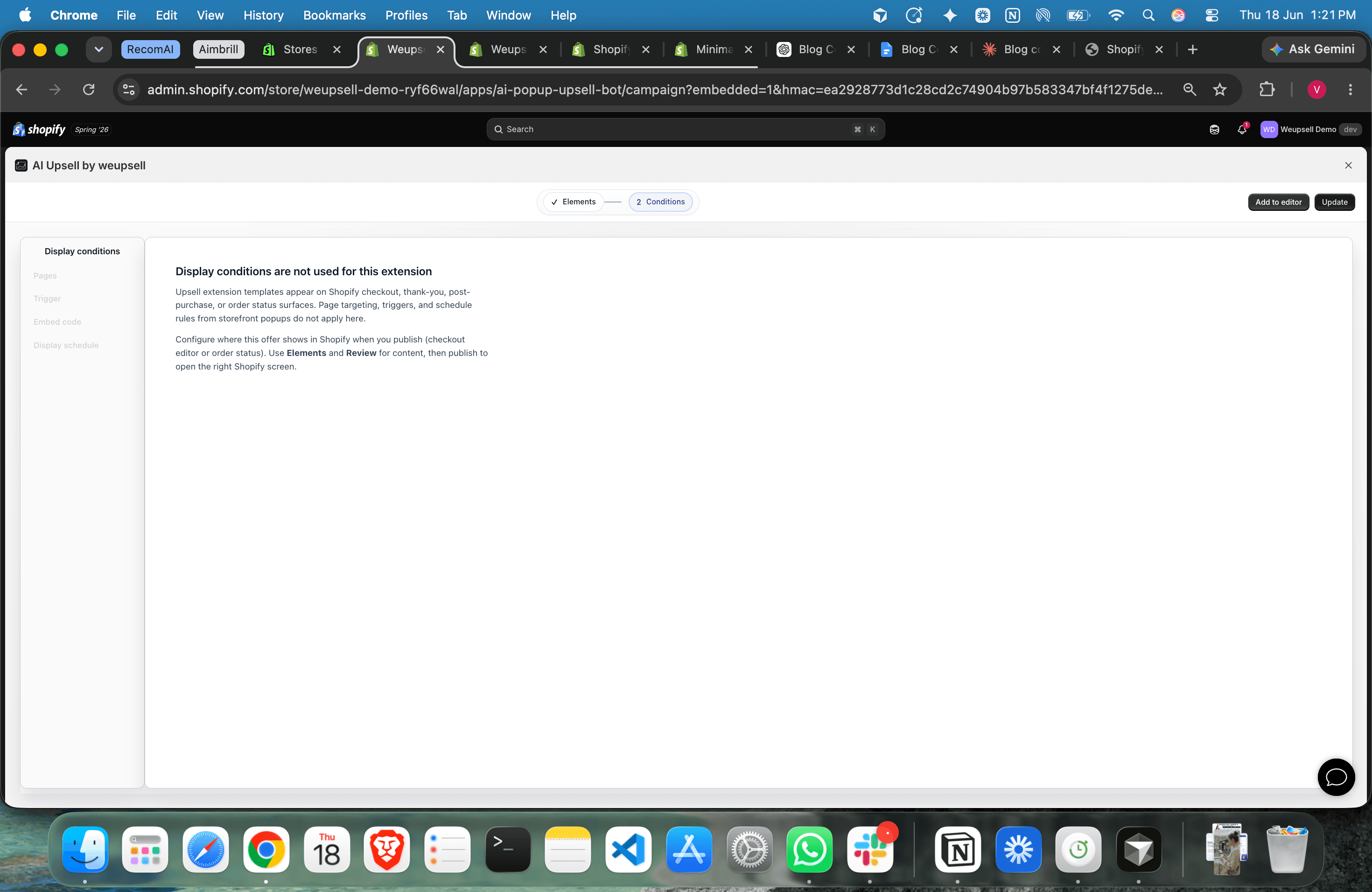 WeUpsell Conditions tab showing display conditions are not used for post-purchase extensions