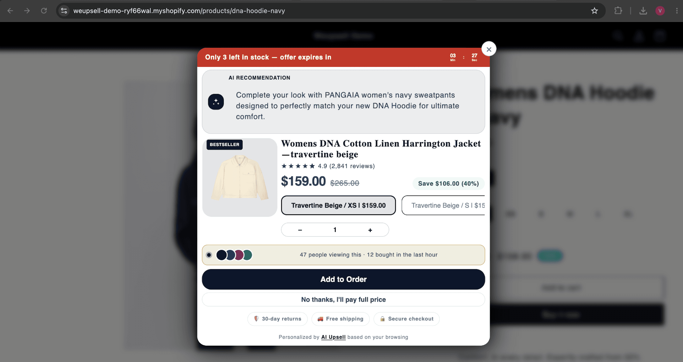 Live upsell popup showing a related product on a Shopify store