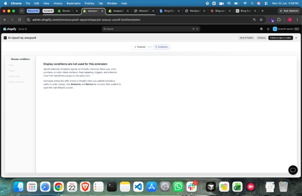 WeUpsell Conditions tab showing display conditions are not used for thank you page extensions