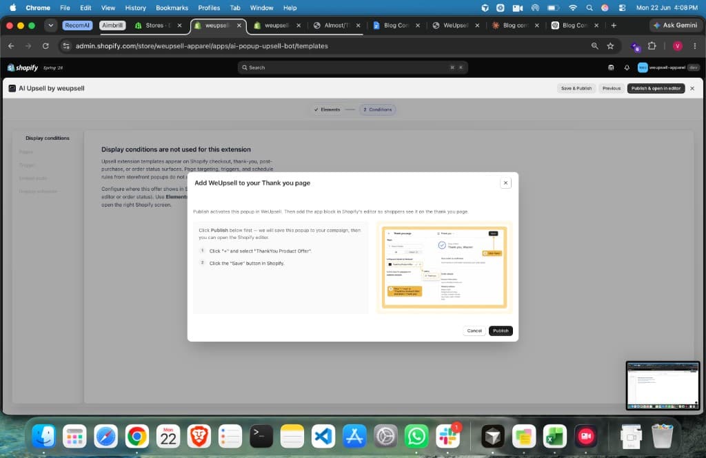 WeUpsell publish modal with instructions to add the app to Shopify thank you page