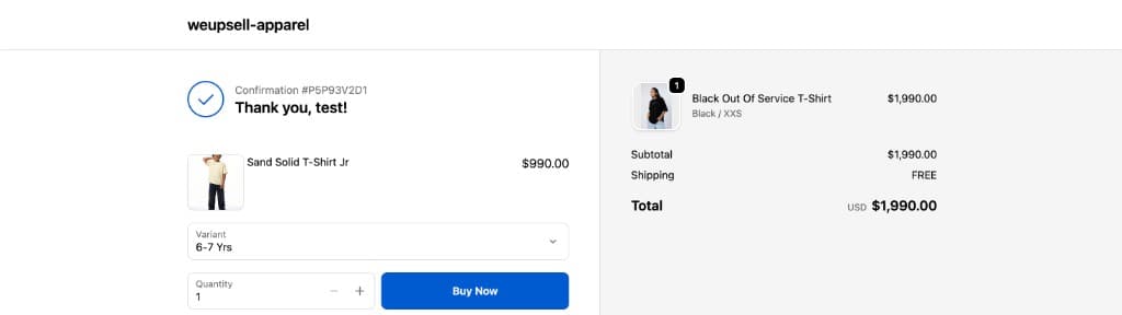 Live Shopify thank you page with WeUpsell product offer and Buy Now button