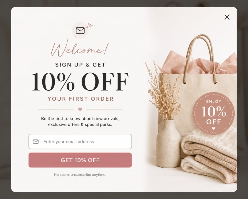Discount popup — welcome offer with 10% off signup