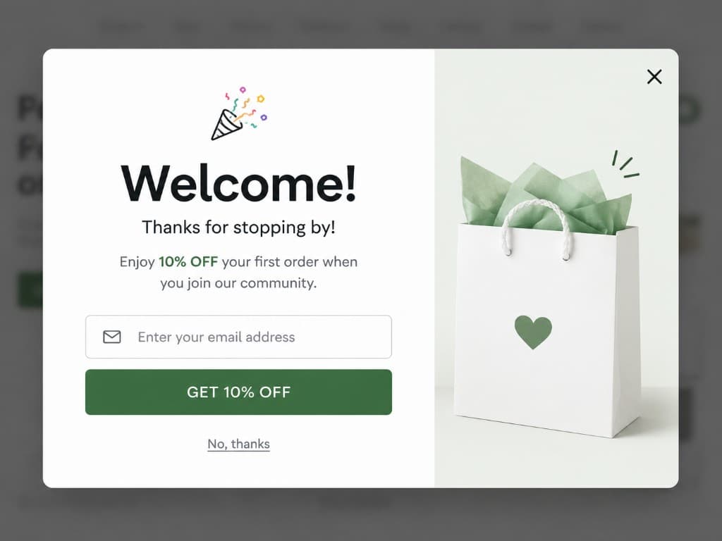 Welcome offer popup — 10% off for new visitors